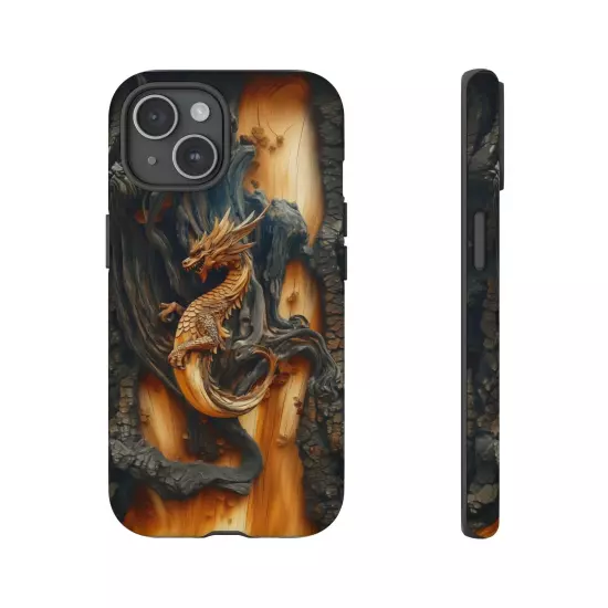 For iPhone, Samsung Galaxy, Pixel - Phone Case Cover - Carved Wood Dragon Print