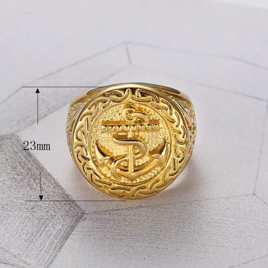 18k Gold Plated Titanium Steel Eagle Engraved Men's Cool Design Anchors Ring M62