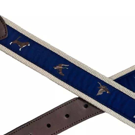 Hunting Sportsman Dog, Pheasant, Ducks Navy Blue on Khaki Ribbon Belt L/38/40