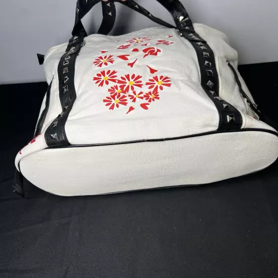 Ed Hardy White Canvas Tote Satchel Purse Leather Studded Trim 