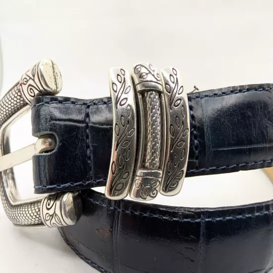 Vtg Brighton Silver On Genuine Black Leather Croc STYLE Belt B30023 Sz L 34"