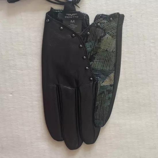 Fioretto Genuine Leather Embellished Driving Gloves Black Green Size Medium