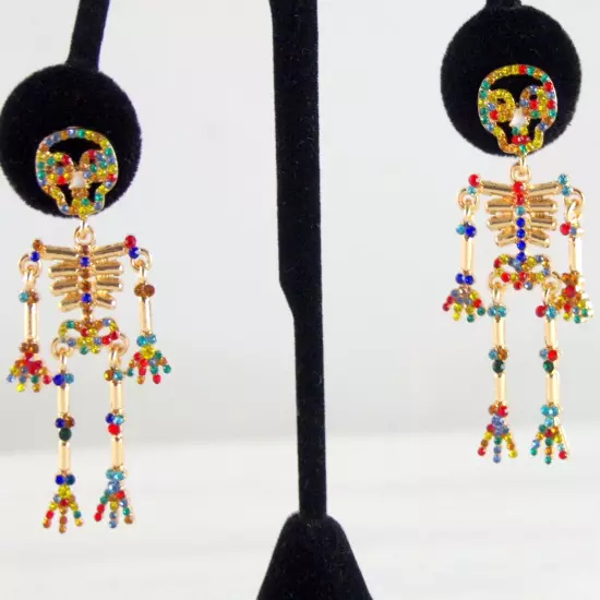 NEW BETSEY JOHNSON MULTICOLOR RHINESTONE SKELETON HALLOWEEN DROP DANGLE EARRINGS