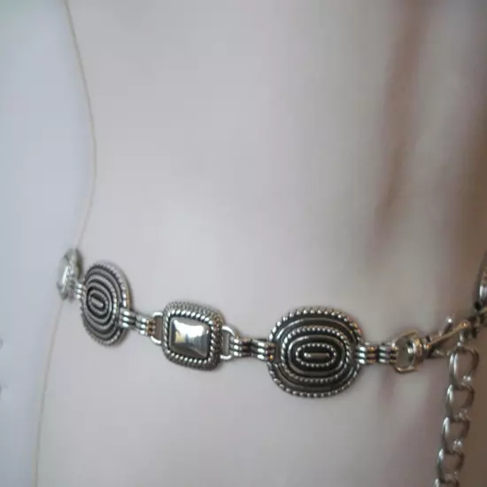 70's Ornate Silver Vintage Chain Belt O/S Adjustable Waist Full Length 58"