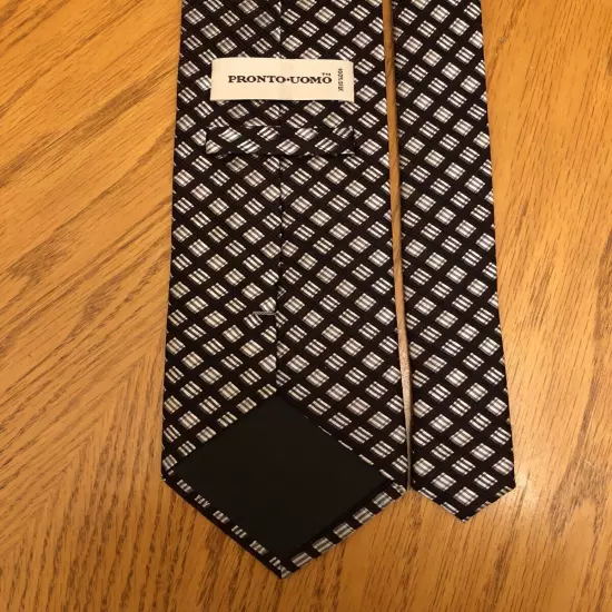 Pronto Uomo Silk Tie, Brown White & Black Striped Geometric Design 