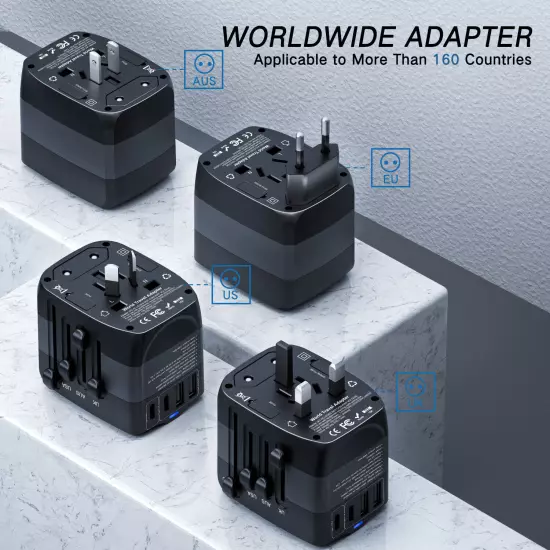 Universal Worldwide Travel Adapter Plug 2 Smart USB Ports+2 Type-C Fast Charge