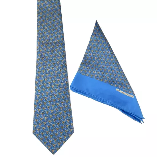 Vintage Hermes Tie with Matching Handkerchief - Blue with Geometric Print 7351