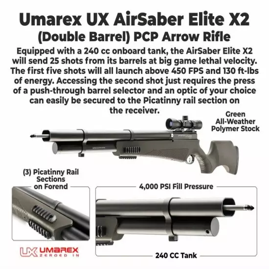 Umarex AirSaber Elite X2 Double Barrel Side Cocking Lever PCP Air Rifle 2252157