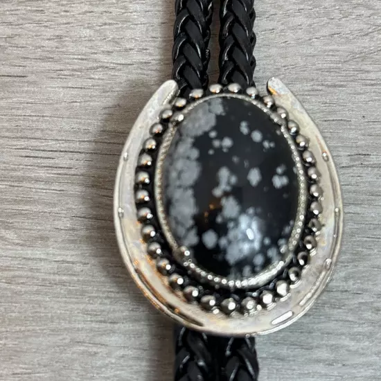 Bolo Tie Horseshoe With Black & Grey Stone Silver Tone Bread Black Rope Country