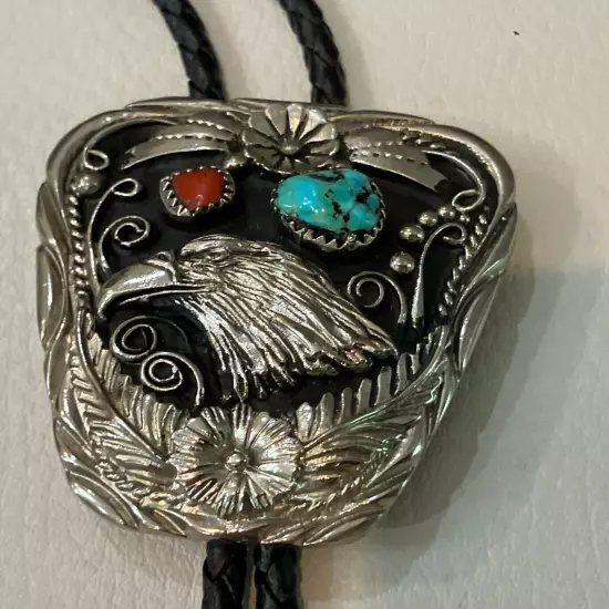 Vintage Bolo Tie Signed SSI Southwest American Eagle Turquoise Coral USA