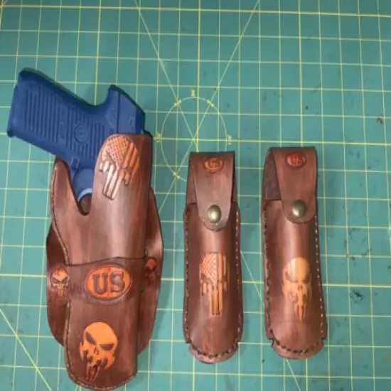 Handmade Leather RH LG Auto Holster & 2 mag pouches