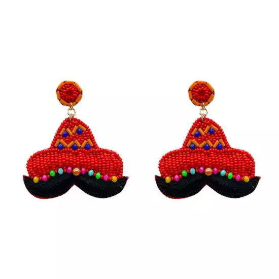 Red Felt Back Seed Beaded Hat Mustache Dangle Earrings