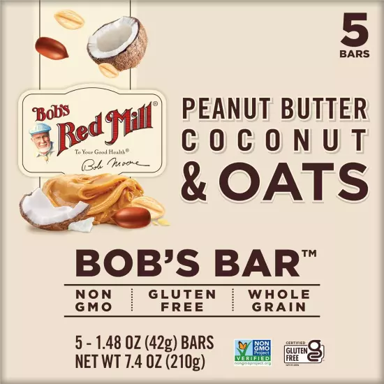 Peanut Butter Coconut & Oats Snack Bar - 5 Bars (Pack of 1) - Gluten Free, Non-