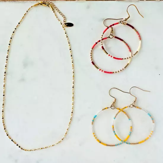 Jewelry SET Waterproof Jewelry Bundle Dainty Gold Sparkle Chain & Beaded Hoops