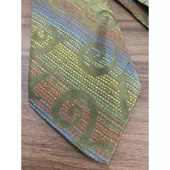 Wembley Platypus Necktie Olive Green Stitched Design Multicolored Background 57"