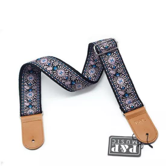 Guitar Bass Belt Embroidered Guitar Strap Leather End for Bass/Acoustic/Electric