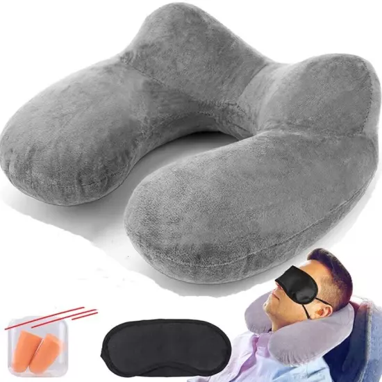 Inflatable Air Travel Pillow Airplane Office Nap Rest Neck Head Ear Plugs Mask