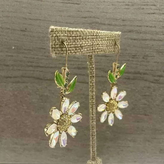 Betsey Johnson Daisy Flower with Green Leaves & Clear Crystal Earrings