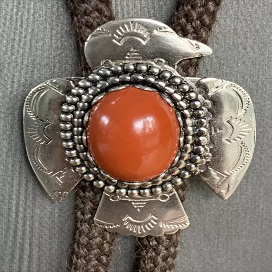 Vintage Native American Carnelian Stone Thunderbird Bolo Tie Brown Cord