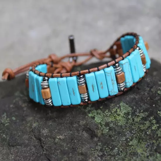 Men's Turquoise and Tiger Jasper Beaded Brown Leather Cuff Bracelet handmade USA