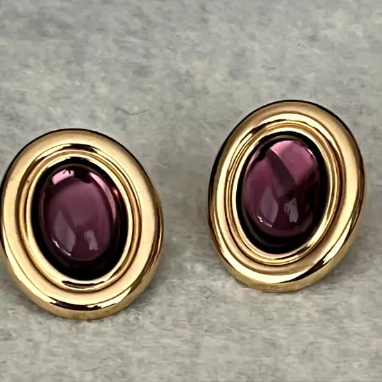 E10 Oval Gold Plated Pierced Earrings with Purple Glass Centers