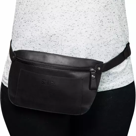 Belt Bag Waist Bag Genuine Leather Fanny Pack 6.5” x 12” Max Waist 45.28” Black