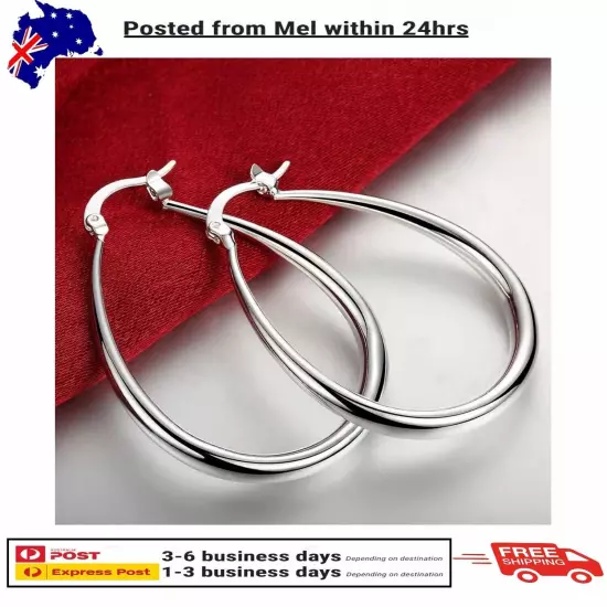 Stunning 925 Sterling Silver Filled SP Large Oval Hoop Huggie Earrings women's