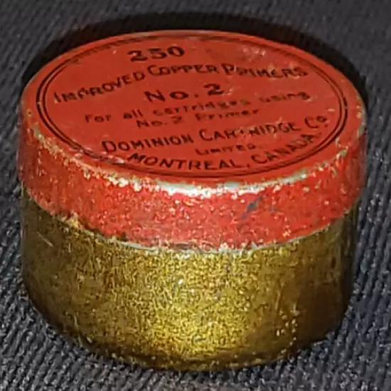 ANTIQUE DOMINION CARTRIDGE CO, MONTREAL - IMPROVED COPPER PRIMERS No.2 EMPTY TIN