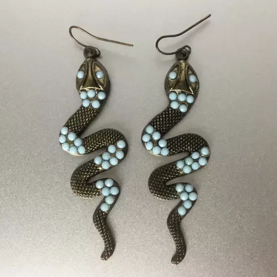 Statement Snake Viper Dangle Earrings Textured Brass Tone Blue Beads