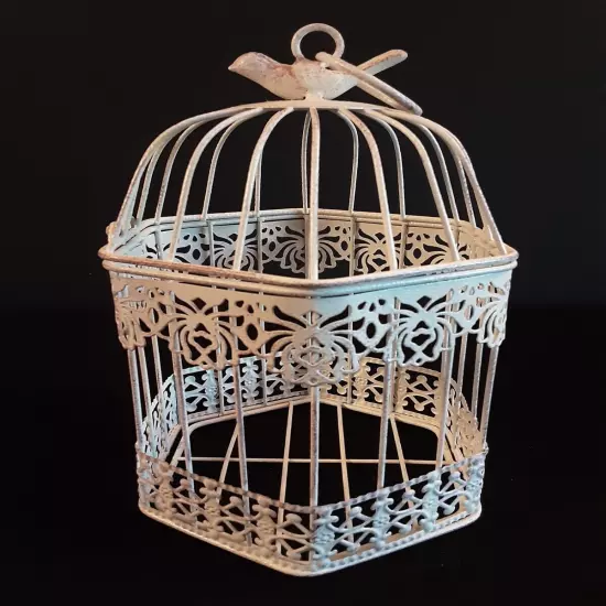 Vintage Look Metal Bird Cage Intricate Cut-Outs Bird On Top Opens At Top