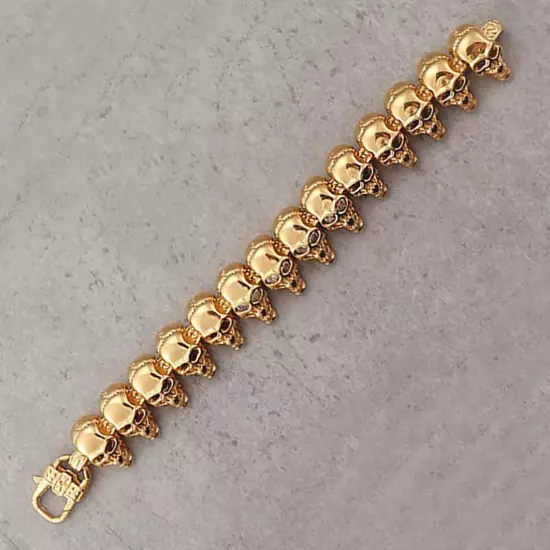 Heavy Men's 18K Gold Stainless Steel Gold Skull Bicycle Chain Bracelet Wristband