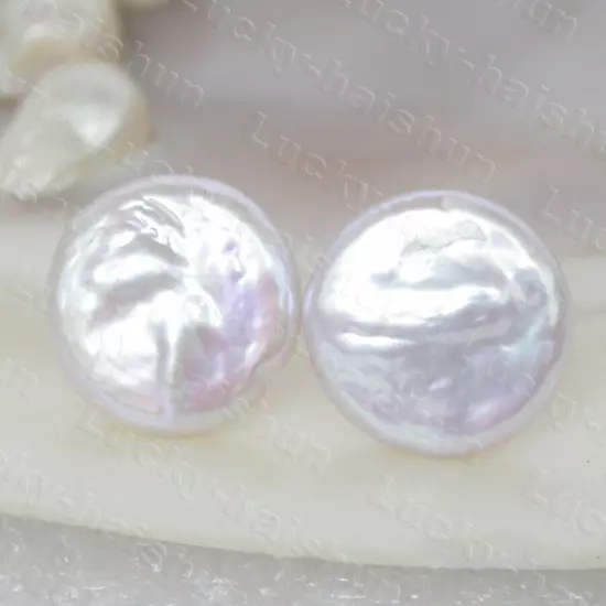 AAAA luster post natural 17mm fastener coin white pearls Earrings 14K Stud c1163