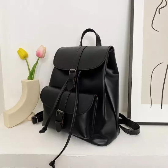 Women Drawstring Backpack PU Leather School Bags Belt Backpacks Ladies