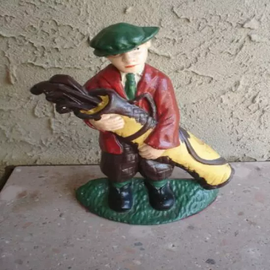 Vintage CAST IRON GOLFER Holding Golf Clubs Door Stop, Book End VGC