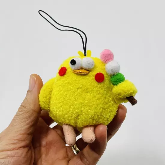 Docomo Poinko Yellow Chicken Hangtag Bird Meatball Plush Strap Charm Bulging Eye