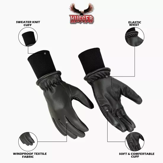 Men's Winter Water Resistant Glove Leather Motorcycle, Driving Glove Knit Cuff