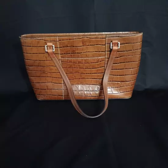 Dooney & Bourke Croc Embossed Leather Tote Large Shoulder Bag Cognac Brown Purse