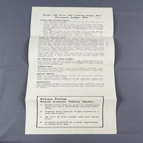 Crosman 140 Air Powered Multi Pump Pellet 22 Cal Rifle Original Box Instructions