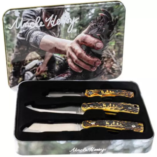 Uncle Henry 1157963 3PC Knives Gift Set, Staglon Handel w/Whitetail Inset