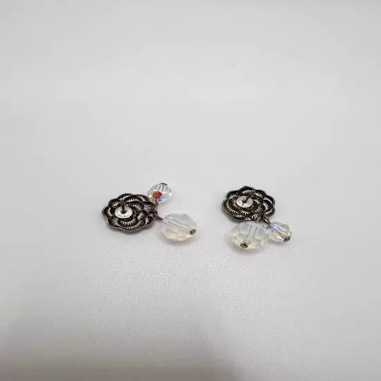 Pewter Tone Textured Rose Flower Stud Earrings w/Dangle Iridescent Clear Beads