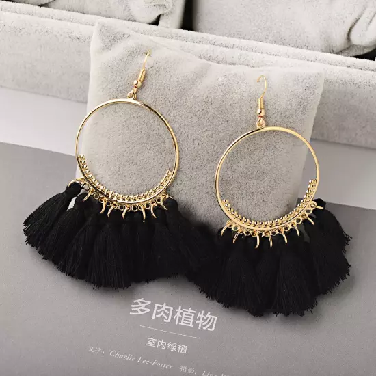 Fashion Women Bohemian Earrings Long Tassel Fringe Drop Dangle Ear Stud Jewelry