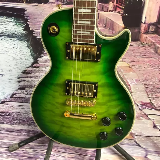 Green Les Paul 6-string electric guitar Flame maple top mahogany body in stock