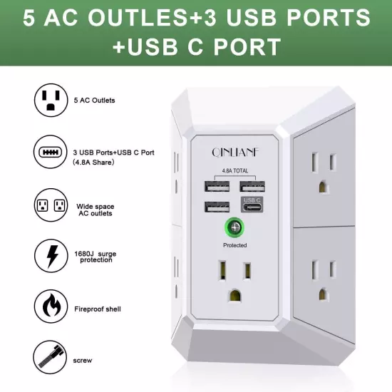 Wall Charger, Surge Protector, QINLIANF 5 Outlet Extender with 4 USB Charging