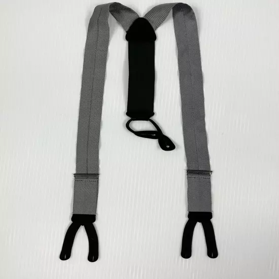 TRAFALGAR Suspenders Men’s Silk Black White Stripe Leather Button Ears