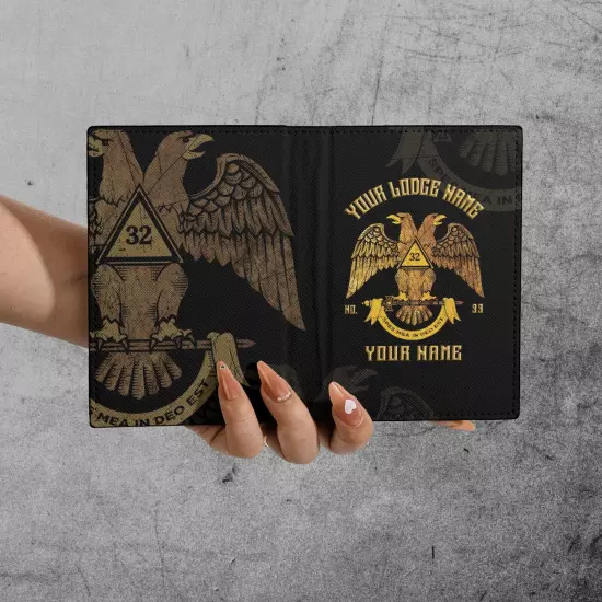 Custom Scottish Rite 32 Degree Emblem Masonic Leather Passport Holder