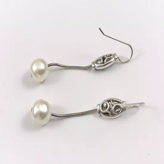 Brighton NWOT Mediterranean Long Silver Pearl French Wire Earrings. #1408