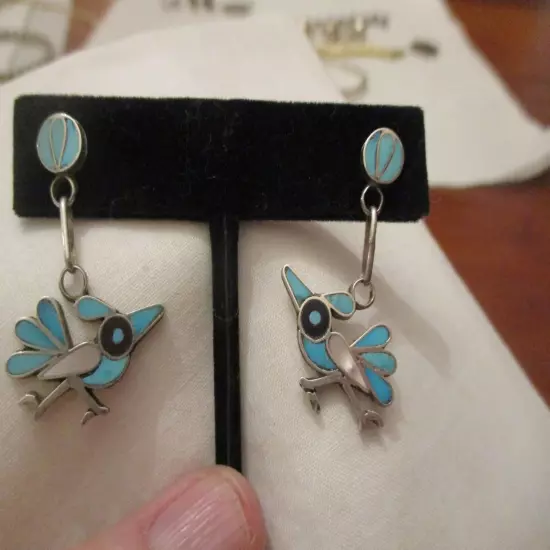 Southwestern Sterling silver turquoise, mop inlay roadrunner dangle earrings