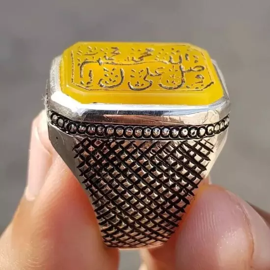 Antique Yellow Aqeeq Ring - Zard Aqeeq Silver Ring for Men, Vintage Yemeni Aqeeq