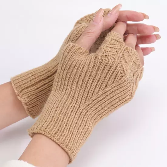 Womens Fingerless Gloves Wool Knitted Mittens Wrist Half Finger Short Gloves