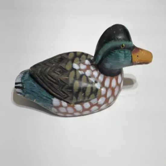 VTG Wooden Hand Carved Painted Duck Decoy Glass Eyes Sculpture